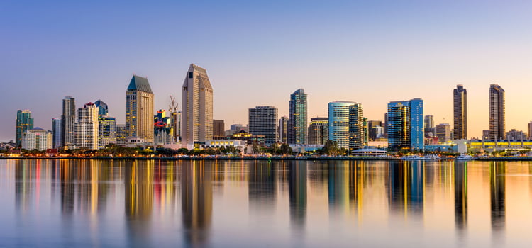 a view of the san diego skyline across the water