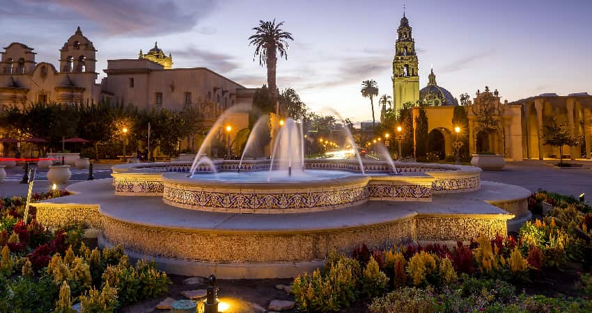 A fountain in the gardens of Balboa Park at sunset