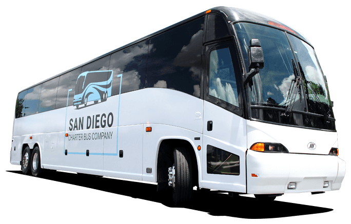 a plain white charter bus with a "San Diego Charter Bus Company" logo